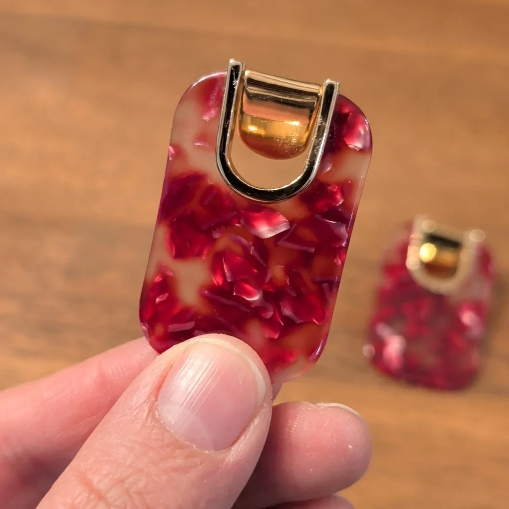 Kate Spade Red Speckle Acrylic Rectangle Drop Red and Gold Statement Earrings